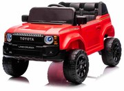 Jipe elétrico para crianças Toyota Landcruiser 12V controlo remoto de 2,4 GHz, entrada USB/AUX, Bluetooth, suspensão, bateria de lítio, luzes LED Verm