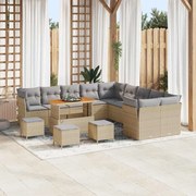 vidaXL Conjunto de Sofá de Jardim de 14 Peças com Almofadas Bege em Rattan de Poliéster e Madeira de Acácia