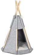 Pawhut Tenda Teepee para Animais Gato ou Cão Almofada Espessa 2 Pompons Incluídos Estrutura de Pinho Feltro Pelúcia Cinza | Aosom Portugal