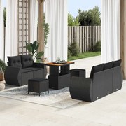 vidaXL Conjunto de Sofá de Jardim com 8 Peças da com Almofadas, Rattan de Poliéster Preto e Madeira de Acácia.