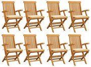 vidaXL Cadeiras de jardim c/ almofadões creme 8 pcs teca maciça