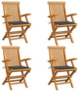 vidaXL Cadeiras de jardim c/ almofadões antracite 4 pcs teca maciça