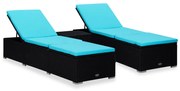 vidaXL 3 pcs espreguiçadeiras jardim c/ mesa de centro vime PE preto