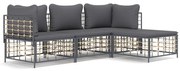 4 pcs conjunto lounge de jardim c/ almofadões vime PE antracite