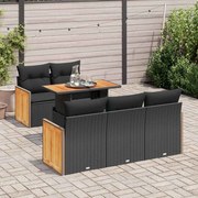 vidaXL 6 pcs conjunto sofás jardim c/ almofadões vime PE/acácia preto