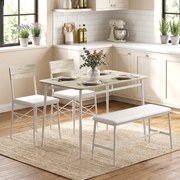 Conjunto de mesa de jantar com 2 cadeiras e um banco, assentos estofados, para sala de estar, espaços pequenos, em cor carvalho e branco