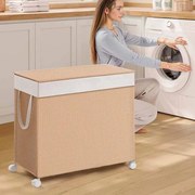 Cesto da roupa 140 L com 3 compartimentos e rodas bege natural-branco