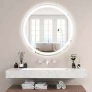 Espelho de casa de banho redondo com luz LED Brilho continuamente ajustável 3 temperaturas de cor Função anti-embaciamento e de memória 60 x 60 cm