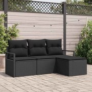 vidaXL Conjunto de Sofá de Jardim com 4 Peças e Almofadas, Preto, Rattan, Poliéster