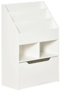 HOMCOM Estante de Madeira para Brinquedos com 3 Compartimentos 2 Cubos e Gaveta Móvel com 4 Rodas 60x29,9x90cm Branco | Aosom Portugal