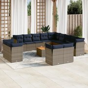 vidaXL 14 pcs conjunto sofás p/ jardim c/ almofadões vime PE cinzento