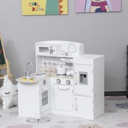 Cozinha de Brinquedo de Madeira para Crianças acima de 3 Anos Cozinha Infantil com Frigorífico Microondas Lavatório e 14 Acessórios 86x64x84,5cm Branc