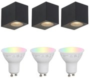 LED Conjunto de 3 candeeiros de parede inteligentes pretos GU10 50mm IP44 - Baleno Moderno