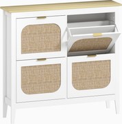 HOMCOM Sapateira Estreita com 4 Portas em Vime e Prateleiras Ajustáveis para 20 Pares de Sapatos 105x24x95,5 cm Branco | Aosom Portugal