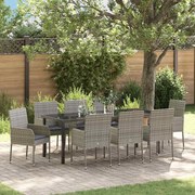vidaXL Conjunto de 9 Peças de Jantar de Jardim com Almofadas Cinza Vime PE