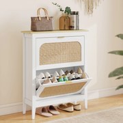 Sapateira Estreita com 2 Portas em Vime e Prateleiras Ajustáveis para 14 Pares de Sapatos 105x24x95,5 cm Branco