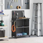 vidaXL Carro de Ferramentas com prateleira com roda com armazenamento Manual Preto 65 x 35 x 111 cm