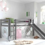 Conjunto Cama alta de Criança PINO 90 x 200 cm + estrado + escada + escorrega + tunel + cortina Passaros Cinzenta