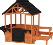 AIYAPLAY Casinha Infantil de 3–8 Anos Exterior e Interior de Madeira com Bar de Snacks e Bancos Mesa Lateral Lavatório Castanho Claro | Aosom Portugal