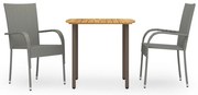 3 pcs conjunto de jantar para jardim vime PE cinzento