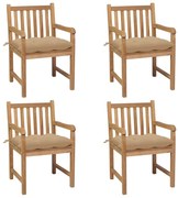 vidaXL Cadeiras de jardim c/ almofadões bege 4 pcs teca maciça
