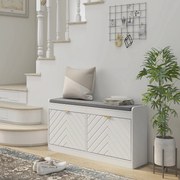 Banco para sapatos, banco com arrumação 106 x 24 x 52,5 cm, assento almofadado, gaveta rebatível, porta com padrão , branco