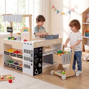 Conjunto de supermercado para crianças de madeira com carrinho, máquina de venda automática, caixa registradora, estantes e comidas de brincar cinza