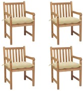 vidaXL Cadeiras de jardim c/ almofadões branco nata 4 pcs teca maciça