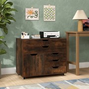 Armário de armazenamento para escritório 77,5 x 40 x 64 cm com 5 gavetas com porta 5 rodas com rodas suporte para impressora Castanho