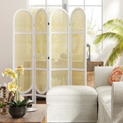 Biombo de interior em madeira com 4 painéis, 170 x 160 cm, dobrável e portátil, com padrão tecido à mão, branco