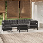 7 pcs conjunto lounge de jardim c/ almofadões pinho preto