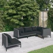 5 pcs conj. lounge jardim c/ almofadões vime PE cinzento-escuro