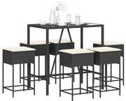 vidaXL 7 pcs conjunto de bar para jardim c/ almofadões vime PE preto