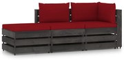 3 pcs conj. lounge jardim + almofadões madeira impreg. cinzento