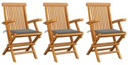 vidaXL Cadeiras de jardim c/ almofadões cinzentos 3 pcs teca maciça