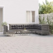 11 pcs conjunto lounge de jardim c/ almofadões vime PE cinzento