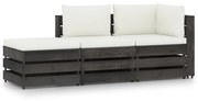 3 pcs conj. lounge jardim + almofadões madeira impreg. cinzento