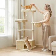 Arranhador para gatos com grande cavidade e várias áreas para brincar e descansar 48,5 x 48,5 x 140,7 cm Bege