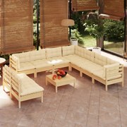 vidaXL 10 pcs conjunto lounge jardim c/ almofadões creme pinho maciço