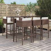 vidaXL 7 pcs conjunto de bar p/ jardim c/ almofadões vime PE castanho
