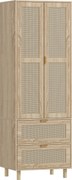 HOMCOM Armário quarto guarda-roupa com 2 portas em rattan, 2 gavetas e barra de suspensão, 63 x 47 x 185 cm, madeira natural | Aosom Portugal