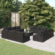 13 pcs conjunto lounge de jardim c/ almofadões vime PE preto