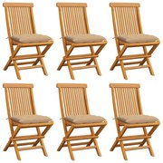 vidaXL Cadeiras de jardim c/ almofadões beges 6 pcs teca maciça