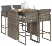 vidaXL 5 pcs conj. de bar jardim c/ almofadões vime PE/acácia cinzento