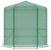 Outsunny Estufa de Jardim Hexágono 194x194x215cm Estufa com 6 Prateleiras Porta Enrolável e Estrutura de Aço Galvanizado para Cultivos de Plantas Vasos de Flores Verde