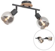 Candeeiro de teto preto com vidro fumê e madeira 2-luzes - Vidro Moderno