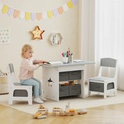 Mesa Infantil com 2 Cadeiras Mesa e Cadeiras para Crianças com 6 Gavetas de Tecido Desenho Estrelas Cinza Claro