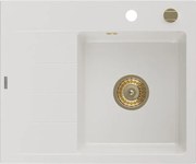 Mexen Ben lava-louça de granito de 1 cuba com escorredor, direito 600 x 500 mm, branco, sifão dourado - 6523605000-20-G