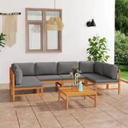vidaXL 7 pcs conj. lounge jardim c/ almofadões cinzentos teca maciça