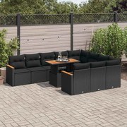 vidaXL 11 pcs conjunto sofás jardim c/ almofadões vime PE/acácia preto